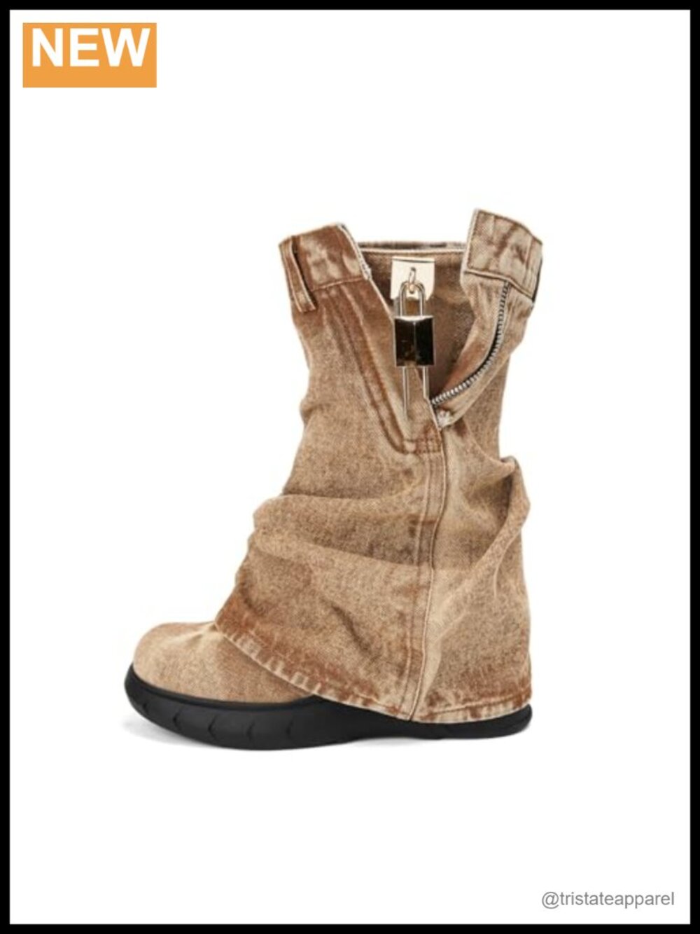 Women's Mid Calf Denim Cowboy Boots Round Toe Platform Booties with Padlock